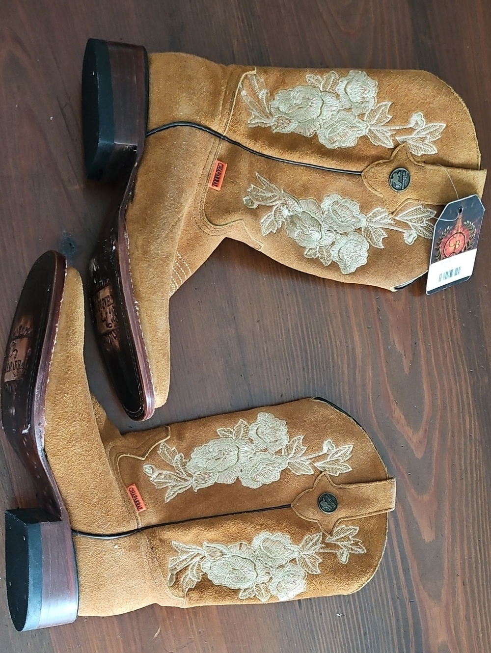 Women’s Tan Suede Floral Embroidered Heeled Boots
